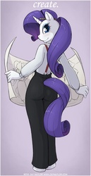 Size: 594x1147 | Tagged: safe, artist:jaynaylor, rarity, anthro, g4, female, solo, suspenders, text