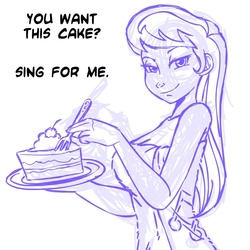 Size: 945x945 | Tagged: safe, artist:megasweet, octavia melody, human, g4, bedroom eyes, breasts, busty octavia melody, cake, do you want this cake, female, humanized, looking at you, monochrome, solo, towel