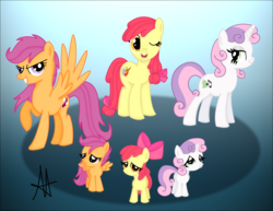 Size: 4000x3086 | Tagged: safe, artist:ardas91, apple bloom, scootaloo, sweetie belle, earth pony, pegasus, pony, unicorn, g4, alternate cutie mark, cutie mark crusaders, female, filly, foal, mare, older, self paradox, trio