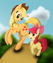 Size: 2541x3000 | Tagged: safe, artist:ardas91, apple bloom, applejack, earth pony, pony, g4, duo, duo female, female, filly, high res, long legs, mare, sisters