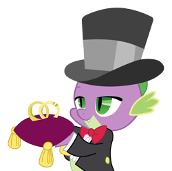 Size: 4000x3962 | Tagged: safe, artist:kika1057, spike, dragon, g4, bowtie, clothes, hat, male, ring, ring bearer, simple background, slit pupils, solo, spike's first bow tie, suit, top hat, transparent background, wedding, wedding ring