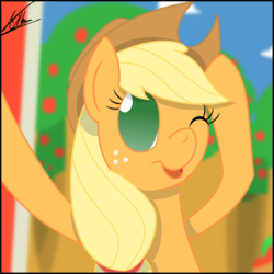 Size: 1080x1080 | Tagged: safe, artist:thedeseasedcow, part of a set, applejack, earth pony, pony, g4, bust, female, no pupils, portrait, selfie, solo