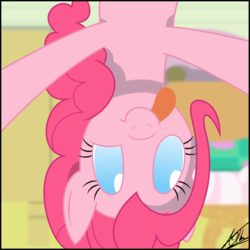 Size: 1080x1080 | Tagged: safe, artist:thedeseasedcow, part of a set, pinkie pie, earth pony, pony, g4, female, no pupils, selfie, solo, upside down
