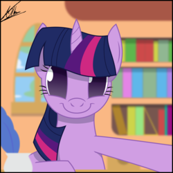 Size: 1080x1080 | Tagged: safe, artist:thedeseasedcow, part of a set, twilight sparkle, pony, unicorn, g4, bookshelf, bust, female, looking at you, mare, no pupils, portrait, quill, selfie, smiling, solo, window