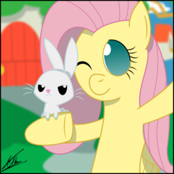 Size: 1080x1080 | Tagged: safe, artist:thedeseasedcow, part of a set, angel bunny, fluttershy, pegasus, pony, rabbit, g4, animal, bust, female, male, mare, no pupils, portrait, selfie
