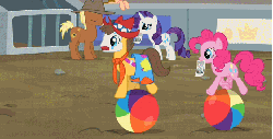 Size: 688x351 | Tagged: safe, screencap, caramel, meadow song, peachy cream, pinkie pie, rarity, earth pony, pony, unicorn, g4, season 2, the last roundup, animated, balancing, ball, clown, female, male, mare, mouth hold, smiling, stallion, trotting