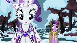 Size: 720x405 | Tagged: safe, screencap, clover the clever, princess platinum, rarity, twilight sparkle, g4, hearth's warming eve (episode), animated, caption, female, hearth's warming eve, one word, reaction image