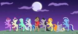 Size: 4500x2000 | Tagged: dead source, safe, artist:gaz-works, berry punch, berryshine, bon bon, carrot top, derpy hooves, dj pon-3, doctor whooves, golden harvest, lyra heartstrings, minuette, octavia melody, sweetie drops, time turner, vinyl scratch, earth pony, pegasus, pony, unicorn, g4, bipedal, dancing, female, full moon, male, mare, michael jackson, moon, night, romana, stallion, thriller