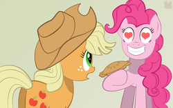 Size: 2700x1700 | Tagged: safe, artist:brutaldeeds, applejack, pinkie pie, g4, female, grin, heart, heart eyes, lesbian, pie, ship:applepie, shipping, smiling, wingding eyes