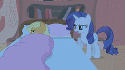 Size: 640x360 | Tagged: safe, screencap, applejack, rarity, g4, look before you sleep, animated, annoyed, bed, duo, eyeroll, female, golden oaks library, lidded eyes, talking