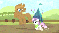 Size: 480x267 | Tagged: safe, screencap, rarity, sweetie belle, g4, sisterhooves social, animated, belle sisters, covered in mud, female, filly, foal, gif, hopping, hub logo, mare, mud, muddy, siblings, sisters
