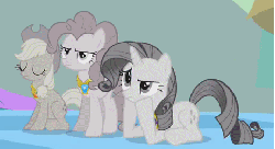 Size: 461x251 | Tagged: safe, screencap, applejack, pinkie pie, rarity, earth pony, pony, unicorn, g4, the return of harmony, animated, discorded, discorded landscape, element of generosity, element of honesty, element of laughter, female, mare, trio
