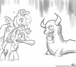 Size: 800x711 | Tagged: safe, artist:johnjoseco, applejack, fluttershy, earth pony, pegasus, pony, turtle, g4, club, crossover, female, grayscale, infernal seal, kingdom of loathing, mace, mare, monochrome, monster, mouth hold, seal clubber, turtle tamer, weapon