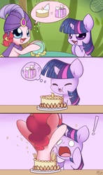 Size: 1000x1700 | Tagged: safe, artist:solar-slash, pinkie pie, twilight sparkle, g4, it's about time, birthday, birthday cake, birthday present, cake, comic, food, gypsy pie, pictogram, pinkie being pinkie, present, speech bubble, surprise cake, thought bubble