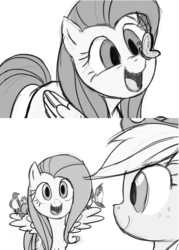 Size: 1000x1400 | Tagged: safe, artist:thelivingmachine02, applejack, fluttershy, bird, butterfly, g4, duo, happy, monochrome