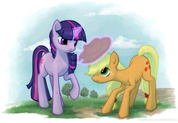 Size: 992x692 | Tagged: safe, artist:riftryu, applejack, twilight sparkle, g4, magic