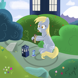 Size: 1000x1000 | Tagged: safe, artist:toyabigeyes, derpy hooves, doctor whooves, minuette, time turner, earth pony, pegasus, pony, unicorn, g4, doctor who, female, male, mare, romana, stallion, tardis