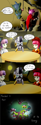 Size: 800x2400 | Tagged: safe, artist:starykrow, scootaloo, sweetie belle, zecora, human, zebra, ask the cmc, g4, gendo pose, golden oaks library, humanized, zecora's hut