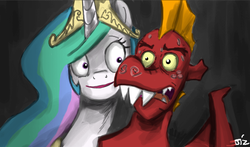 Size: 599x353 | Tagged: safe, artist:johnjoseco, garble, princess celestia, alicorn, dragon, pony, ask princess molestia, princess molestia, g4, abuse, behind you, colored, garblebuse, rapeface