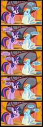 Size: 1409x4154 | Tagged: dead source, safe, artist:veggie55, rainbow dash, twilight sparkle, pegasus, pony, unicorn, g4, comic, impersonating, impressions, rain, unicorn twilight