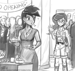 Size: 700x660 | Tagged: safe, artist:johnjoseco, daring do, princess luna, human, shrimp, comic:the erotic adventures of daring do, g4, clothes, comic, dress, food, glasses, grayscale, humanized, monochrome