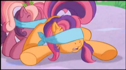 Size: 454x255 | Tagged: safe, screencap, cheerilee (g3), scootaloo (g3), pony, g3, g3.5, pinkie pie's ferris wheel adventure, blindfold, implied incest, out of context, sisters