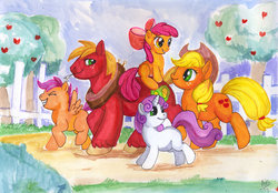 Size: 800x556 | Tagged: safe, artist:dragonasis, apple bloom, applejack, big macintosh, scootaloo, sweetie belle, earth pony, pony, g4, cutie mark crusaders, male, stallion