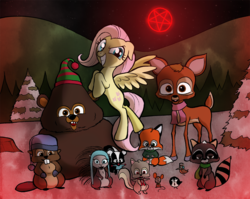 Size: 1000x795 | Tagged: safe, artist:willdrawforfood1, fluttershy, bear, beaver, bird, deer, fox, mouse, pony, porcupine, rabbit, raccoon, skunk, squirrel, woodpecker, g4, animal, crossover, cursed image, flutterbitch, male, nightmare fuel, pentagram, south park, this will end in death, this will end in pain, woodland critter christmas