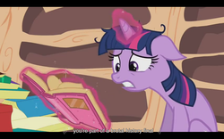 Size: 1024x640 | Tagged: safe, screencap, twilight sparkle, unicorn, dragon quest, g4, book, frazzled hair, golden oaks library, magic, pile of books, solo, telekinesis, youtube caption