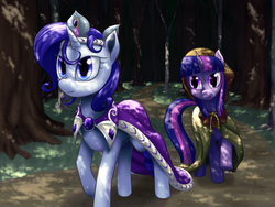 Size: 1280x960 | Tagged: safe, artist:7nights, clover the clever, princess platinum, rarity, twilight sparkle, pony, unicorn, g4, dappled sunlight, duo, duo female, female, forest, mare, walking