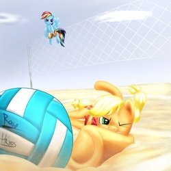 Size: 1000x1000 | Tagged: safe, artist:rayhiros, applejack, rainbow dash, g4, ball, beach, clothes, duo, female, flying, sand, volleyball, volleyball net