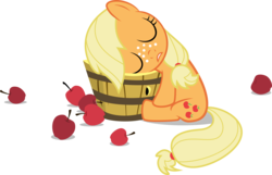 Size: 5333x3432 | Tagged: safe, artist:drewdini, applejack, pony, g4, apple, female, filly, half barrel, simple background, sitting, sleeping, solo, that pony sure does love apples, transparent background, vector