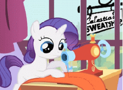 Size: 272x200 | Tagged: safe, edit, edited screencap, screencap, rarity, pony, g4, animated, female, filly, sewing, sewing machine, solo, sweatshop, working