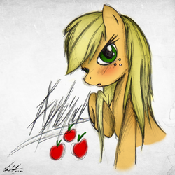 Size: 800x800 | Tagged: safe, artist:electricpraise777, applejack, earth pony, pony, g4, bedroom eyes, blushing, female, loose hair, mare, solo