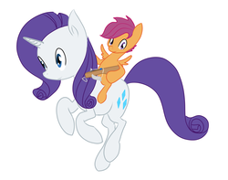 Size: 2161x1701 | Tagged: dead source, safe, artist:fribox, rarity, scootaloo, pegasus, pony, unicorn, g4, crossbow, duo, female, filly, foal, mare, ponies riding ponies, riding, simple background, white background