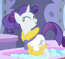 Size: 330x300 | Tagged: safe, screencap, rarity, pony, unicorn, g4, green isn't your color, season 1, animated, bathrobe, clothes, cropped, cute, eyes closed, female, hair up, open mouth, raribetes, robe, solo, spa, talking