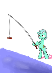 Size: 1240x1754 | Tagged: safe, artist:miles, artist:rustydooks, lyra heartstrings, pony, unicorn, g4, bait, bipedal, female, fishing, fishing rod, hoof hold, solo, why