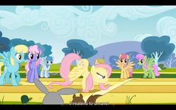 Size: 1024x640 | Tagged: safe, screencap, dizzy twister, fluttershy, lightning bolt, merry may, orange swirl, rainbowshine, sassaflash, white lightning, duck, pegasus, pony, rabbit, squirrel, g4, hurricane fluttershy, female, mare, youtube caption