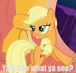 Size: 313x301 | Tagged: safe, edit, edited screencap, screencap, applejack, earth pony, pony, g4, bedroom eyes, bipedal, bipedal leaning, butt, butt tail, caption, female, implied, looking back, mare, plot, sexy, solo