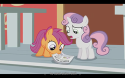 Size: 1024x640 | Tagged: safe, screencap, scootaloo, sweetie belle, g4, ponyville confidential, meme, newspaper, ponyville schoolhouse, written equestrian, youtube caption