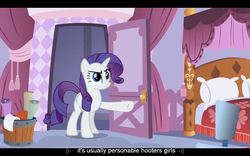 Size: 1024x640 | Tagged: safe, screencap, rarity, g4, ponyville confidential, carousel boutique, solo, youtube caption