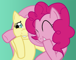Size: 400x317 | Tagged: safe, fluttershy, pinkie pie, earth pony, pegasus, pony, g4, female, gradient background, laughing, laughingmares.jpg, lesbian, mare, reaction image, ship:flutterpie, shipping