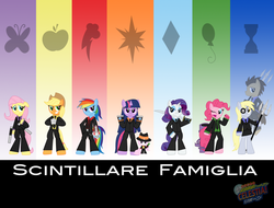Size: 900x683 | Tagged: safe, artist:sonic-chaos, applejack, derpy hooves, doctor whooves, fluttershy, pinkie pie, rainbow dash, rarity, time turner, twilight sparkle, pegasus, pony, g4, anime, clothes, crossover, female, hitman reborn, italian, katekyo hitman reborn, mare, reborn, suit