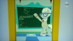 Size: 1280x720 | Tagged: safe, screencap, covalent bond, earth pony, pony, g4, season 3, the crystal empire, chalkboard, glasses, hub logo, male, solo, stallion