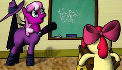 Size: 1649x953 | Tagged: safe, apple bloom, cheerilee, mare do well, g4, chalk, chalk drawing, chalkboard, classroom, desk, eraser, traditional art, unmasked