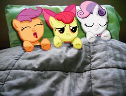 Size: 3928x3000 | Tagged: safe, artist:30coloredowl, apple bloom, scootaloo, sweetie belle, g4, cutie mark crusaders, high res, irl, photo, ponies in real life, sleeping, yawn