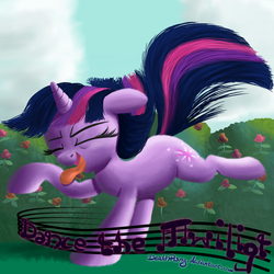 Size: 1000x1000 | Tagged: safe, artist:deathpwny, twilight sparkle, pony, unicorn, g4, dancing, do the sparkle, eyes closed, female, mare, music notes, solo, tongue out