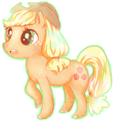 Size: 385x413 | Tagged: safe, artist:pastel-bunny, artist:pasuteru-usagi, applejack, earth pony, pony, g4, female, hat, mare, open mouth, outline, raised hoof, simple background, solo, standing, white background
