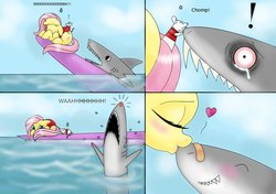 Size: 900x632 | Tagged: safe, artist:snakehands, fluttershy, mouse, shark, g4, bandaid, biting, blushing, comic, crying, cute, eyes closed, floppy ears, frown, funny, heart, jaws, kissing, open mouth, prone, scared, screaming, smiling, surfboard, wide eyes