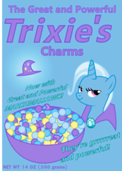 Size: 3218x4500 | Tagged: safe, artist:namelesshero2222, trixie, pony, unicorn, g4, blue background, cereal, cereal box, female, food, looking at you, mare, simple background, smug, solo, vector